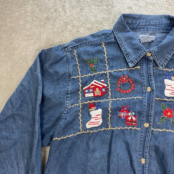 Sara Studio Womens Grandma 3X Christmas Long Sleeve Button‎ Up Blue Denim Shirt - Picture 4 of 13